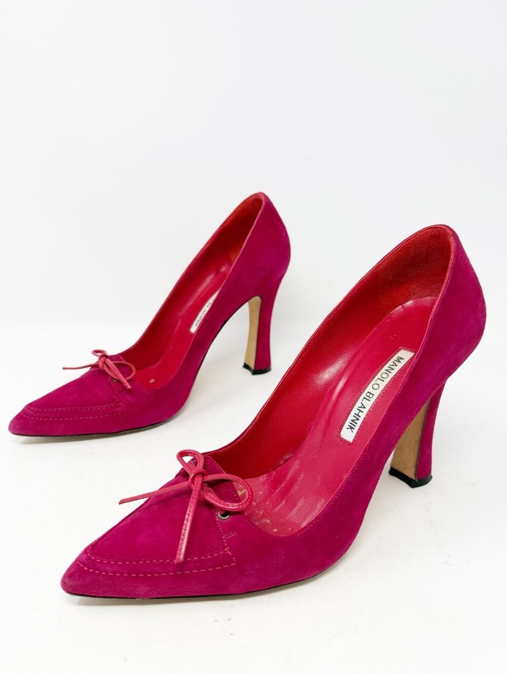 Manolo Blahnik Pink Suede Bow Pointed Toe Heels Womens Size EU 37.5